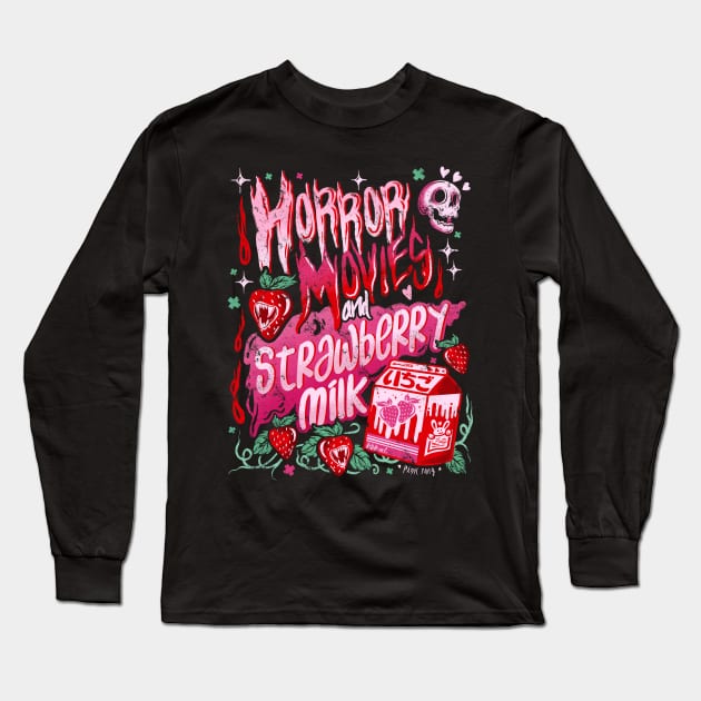 Horror Movies and Strawberry Milk - Distressed Dark Version Long Sleeve T-Shirt by Pink Fang